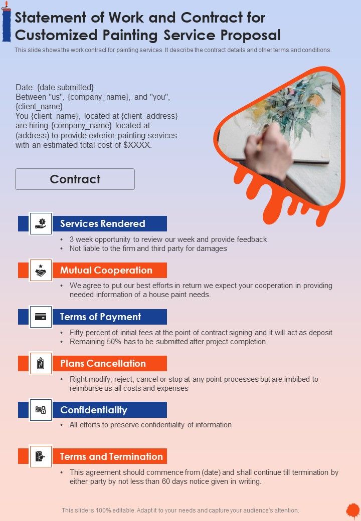 Statement Of Work And Contract For Customized Painting Service Proposal One Pager Sample Example Document Slide01