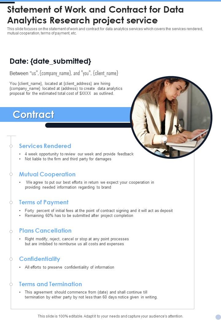 Statement Of Work And Contract For Data Analytics Research Project Service One Pager Sample Example Document Slide01