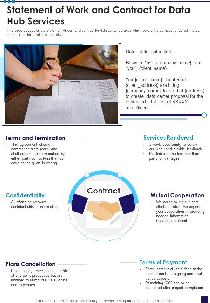 Statement Of Work And Contract For Data Hub Services One Pager Sample Example Document Slide01