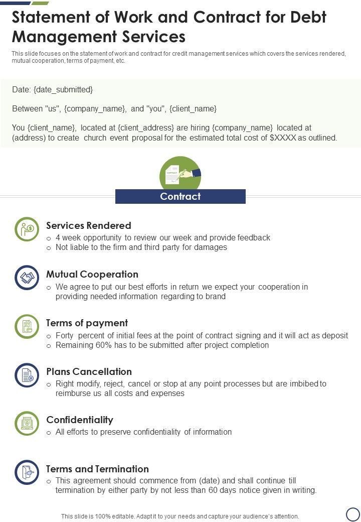 Statement Of Work And Contract For Debt Management Services One Pager Sample Example Document Slide01