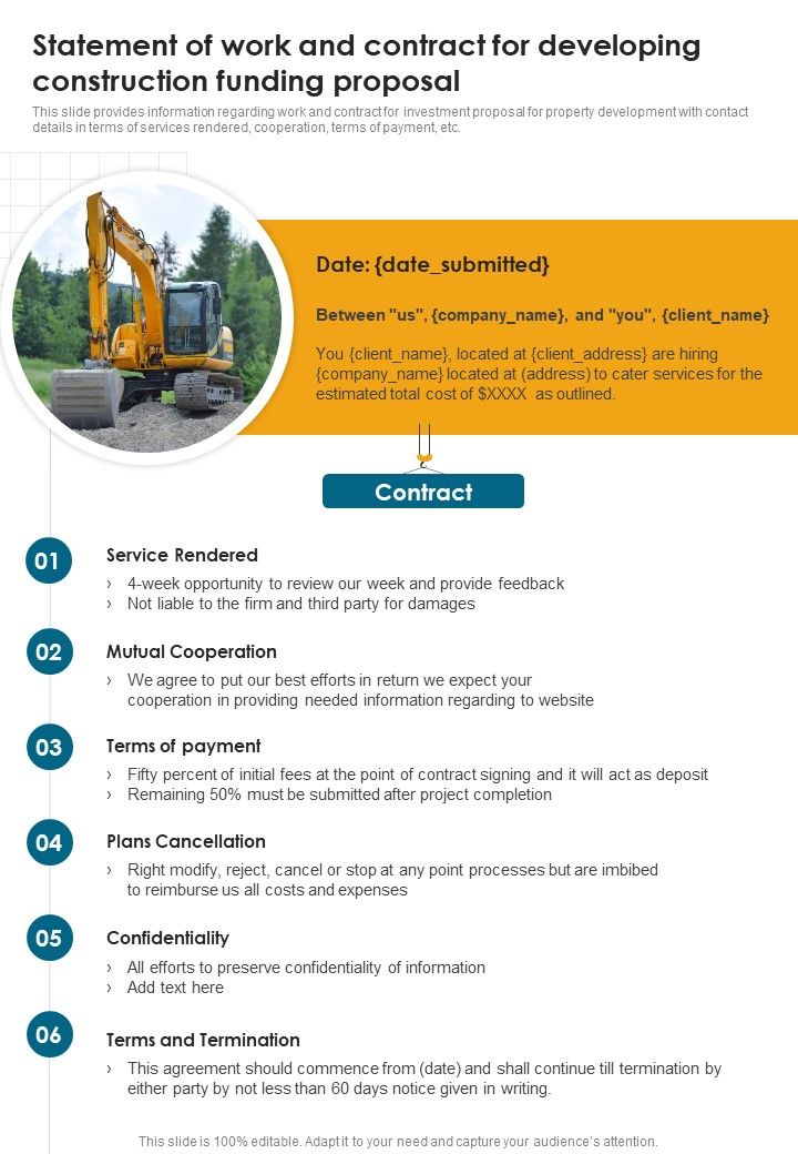 Statement Of Work And Contract For Developing Construction Funding Proposal One Pager Sample Example Document Slide01