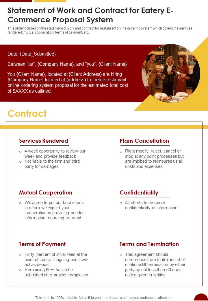 Statement Of Work And Contract For Eatery E Commerce Proposal System One Pager Sample Example Document Slide01