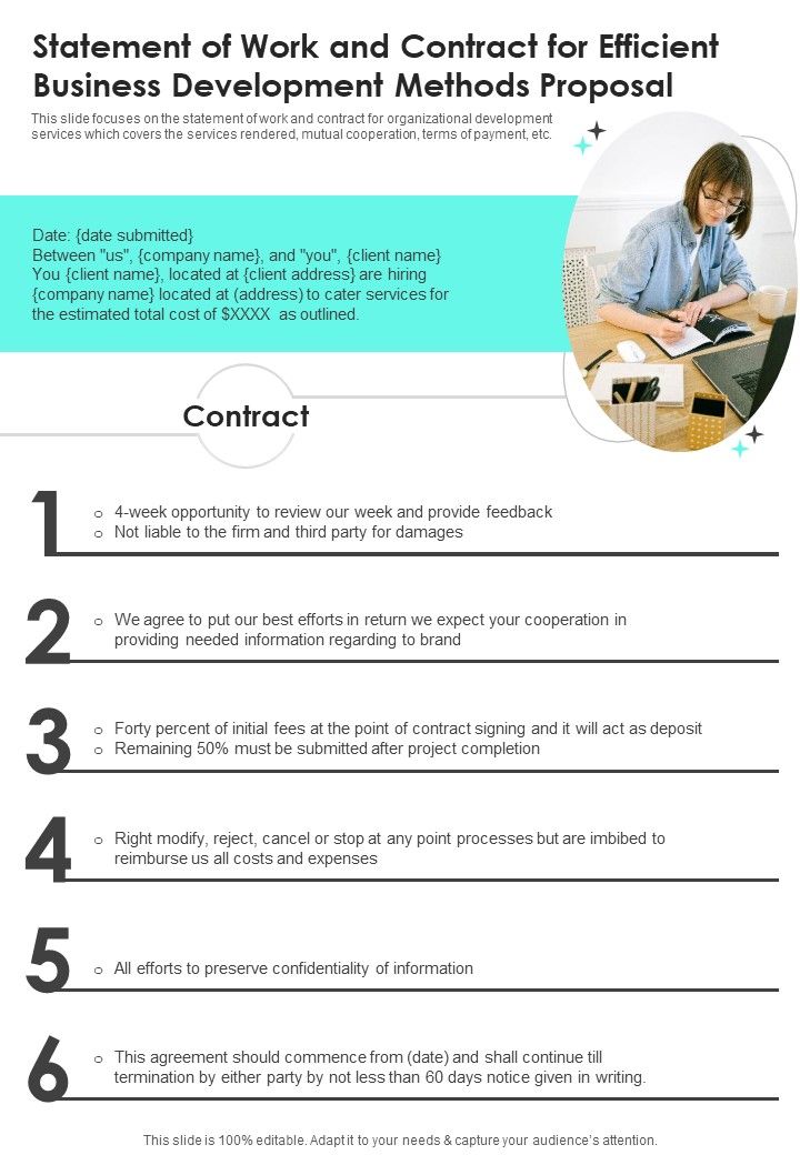 Statement Of Work And Contract For Efficient Business Development Methods One Pager Sample Example Document Slide01