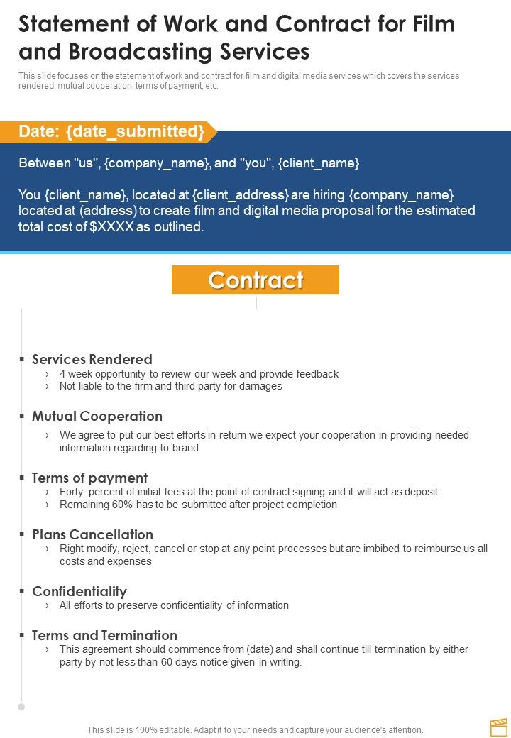 Statement Of Work And Contract For Film And Broadcasting Services One Pager Sample Example Document Slide01