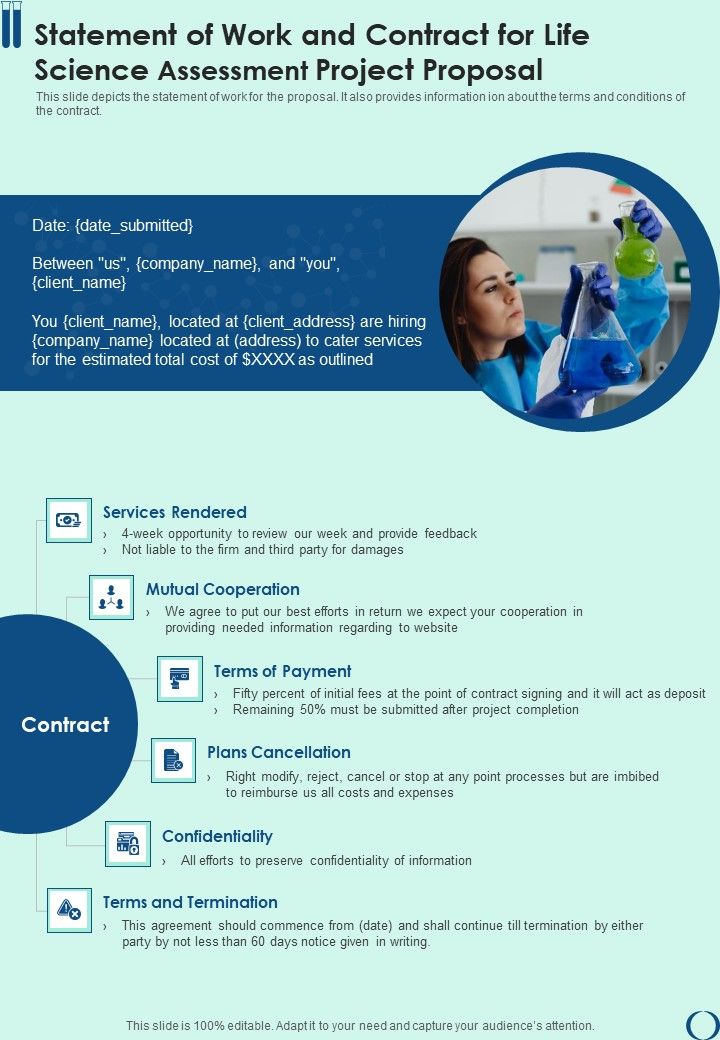 Statement Of Work And Contract For Life Science Assessment Project Proposal One Pager Sample Example Document Slide01