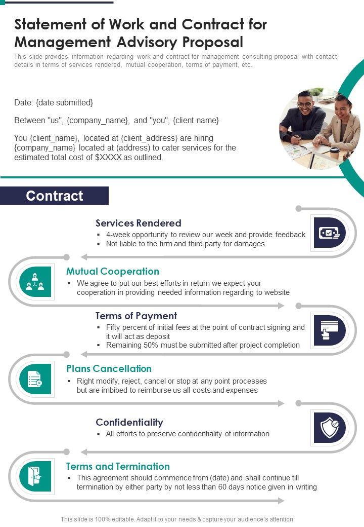 Statement Of Work And Contract For Management Advisory Proposal One Pager Sample Example Document Slide01