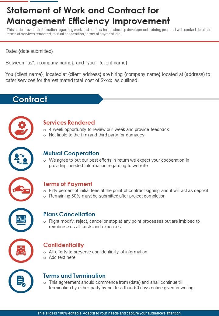 Statement Of Work And Contract For Management Efficiency Improvement One Pager Sample Example Document Slide01