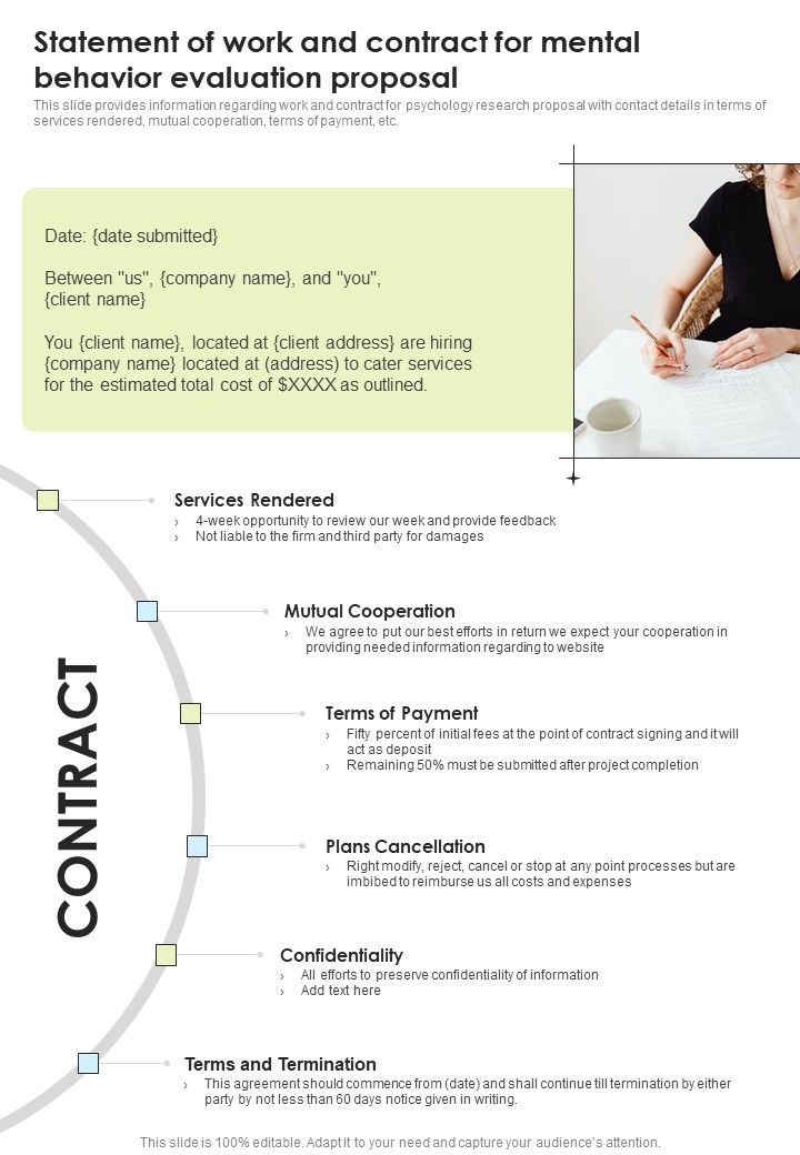 Statement Of Work And Contract For Mental Behavior Evaluation Proposal One Pager Sample Example Document Slide01