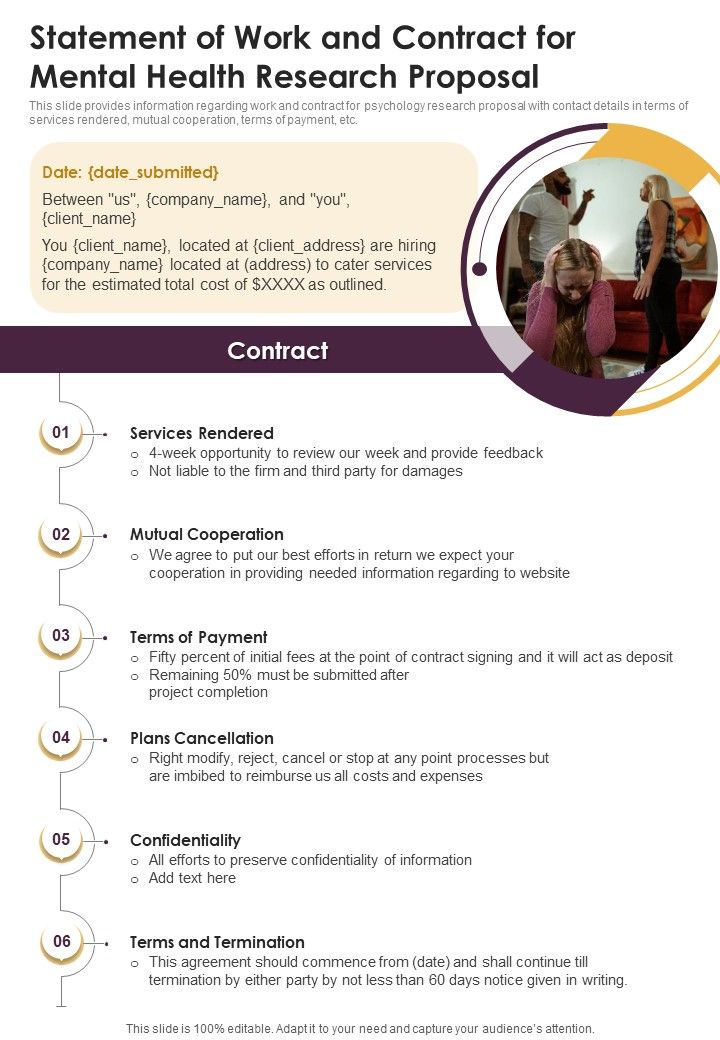 Statement Of Work And Contract For Mental Health Research Proposal One Pager Sample Example Document Slide01