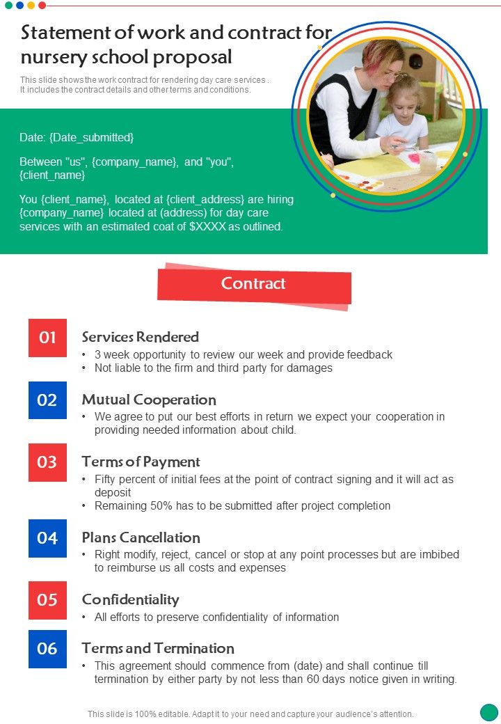 Statement Of Work And Contract For Nursery School Proposal One Pager Sample Example Document Slide01