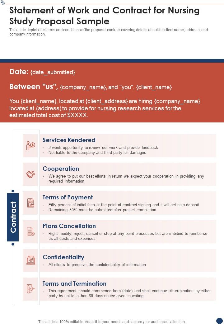 Statement Of Work And Contract For Nursing Study Proposal Sample One Pager Sample Example Document Slide01