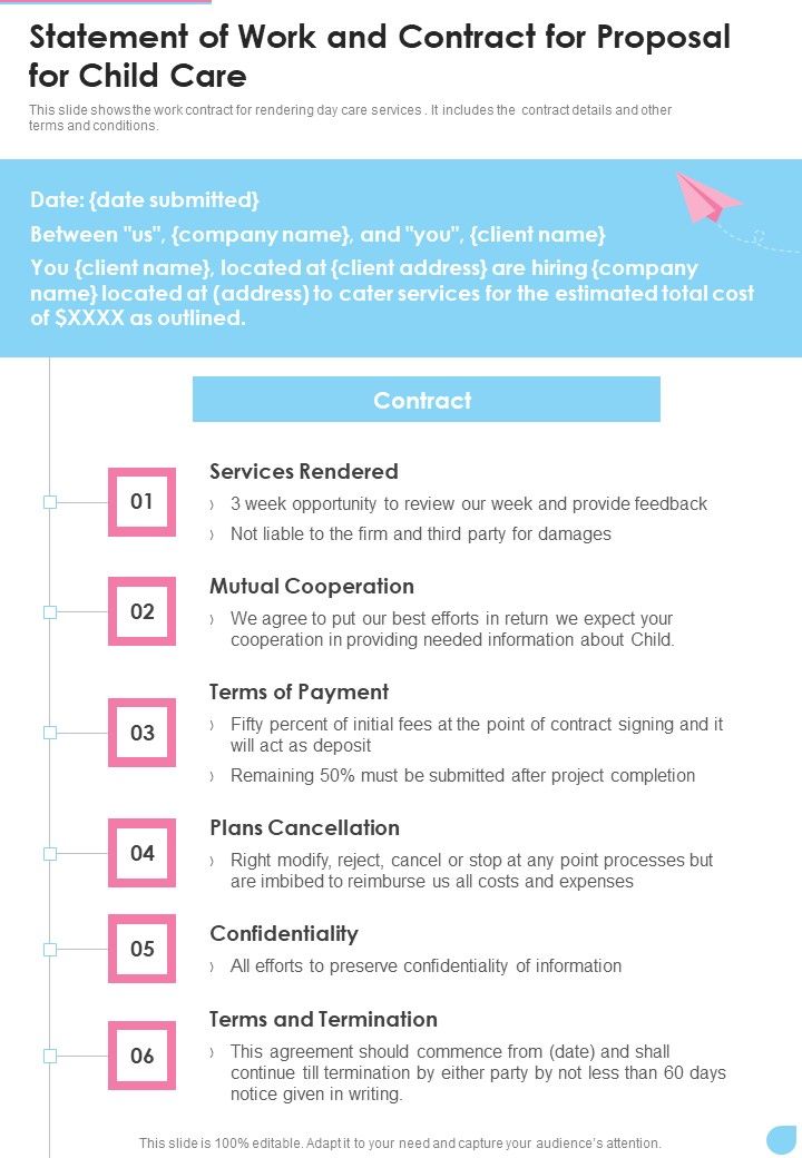 Statement Of Work And Contract For Proposal For Child Care One Pager Sample Example Document Slide01
