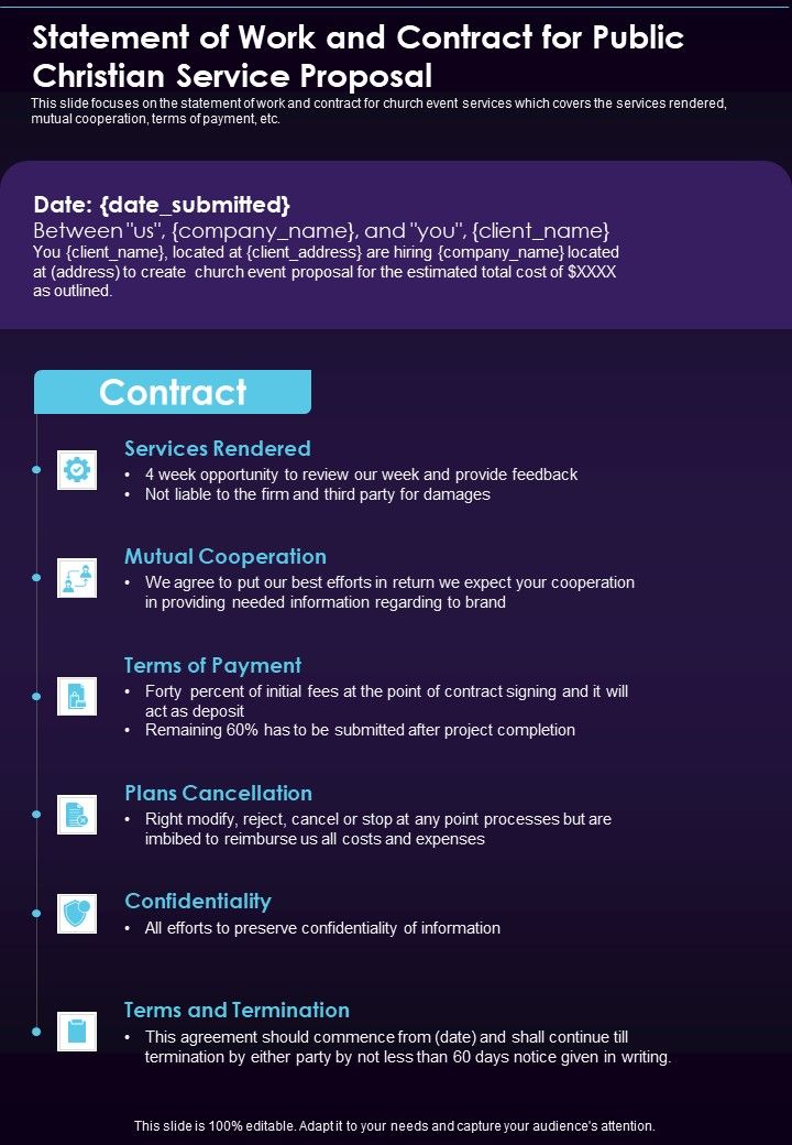 Statement Of Work And Contract For Public Christian Service Proposal One Pager Sample Example Document Slide01