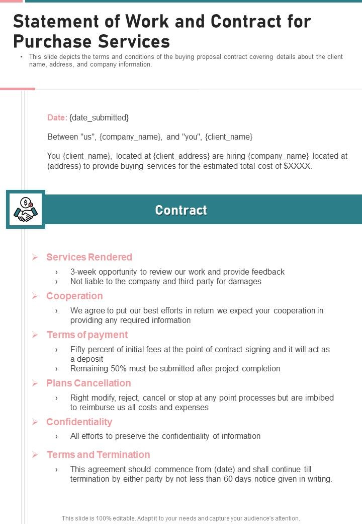 Statement Of Work And Contract For Purchase Services One Pager Sample Example Document Slide01