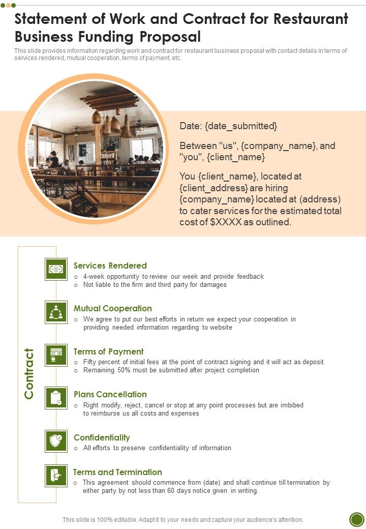 Statement Of Work And Contract For Restaurant Business Funding Proposal One Pager Sample Example Document Slide01
