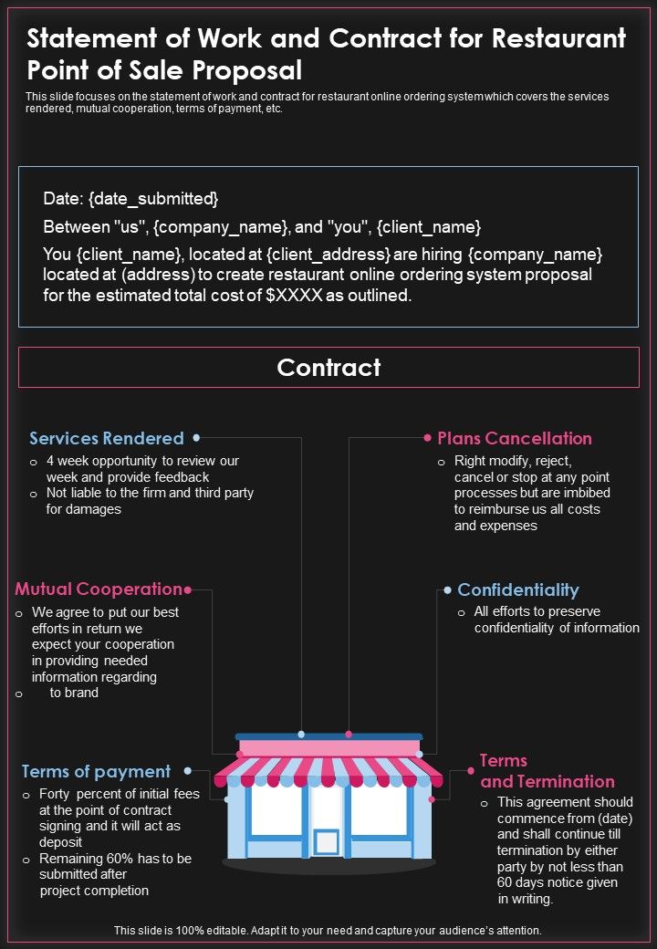 Statement Of Work And Contract For Restaurant Point Of Sale Proposal One Pager Sample Example Document Slide01