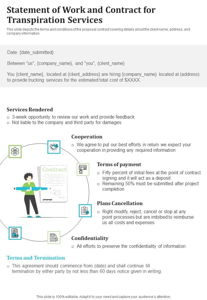Statement Of Work And Contract For Transpiration Services One Pager Sample Example Document Slide01