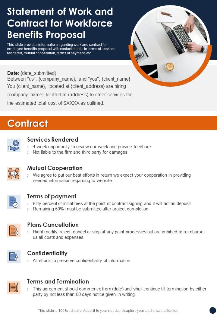 Statement Of Work And Contract For Workforce Benefits Proposal One Pager Sample Example Document Slide01