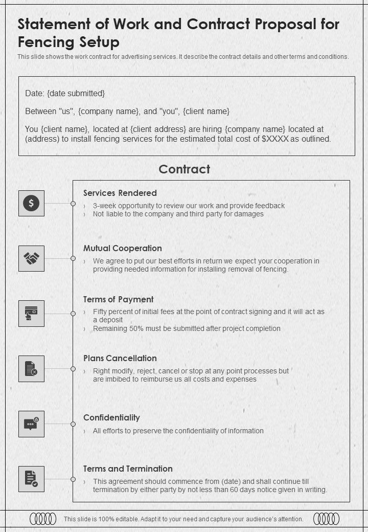 Statement Of Work And Contract Proposal For Fencing Setup One Pager Sample Example Document Slide01