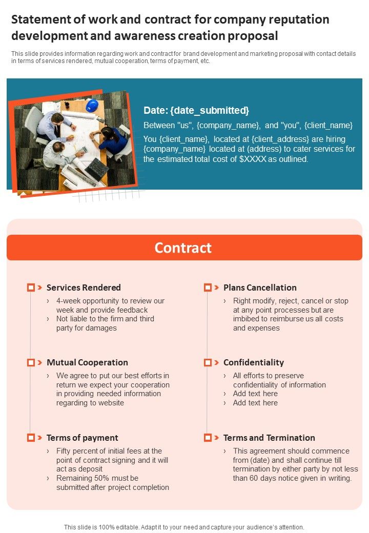 Statement Of Work For Company Reputation Development And Awareness Creation One Pager Sample Example Document Slide01