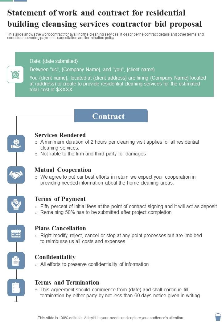 Statement Of Work Residential Building Cleansing Services Contractor Bid Proposal One Pager Sample Example Document Slide01