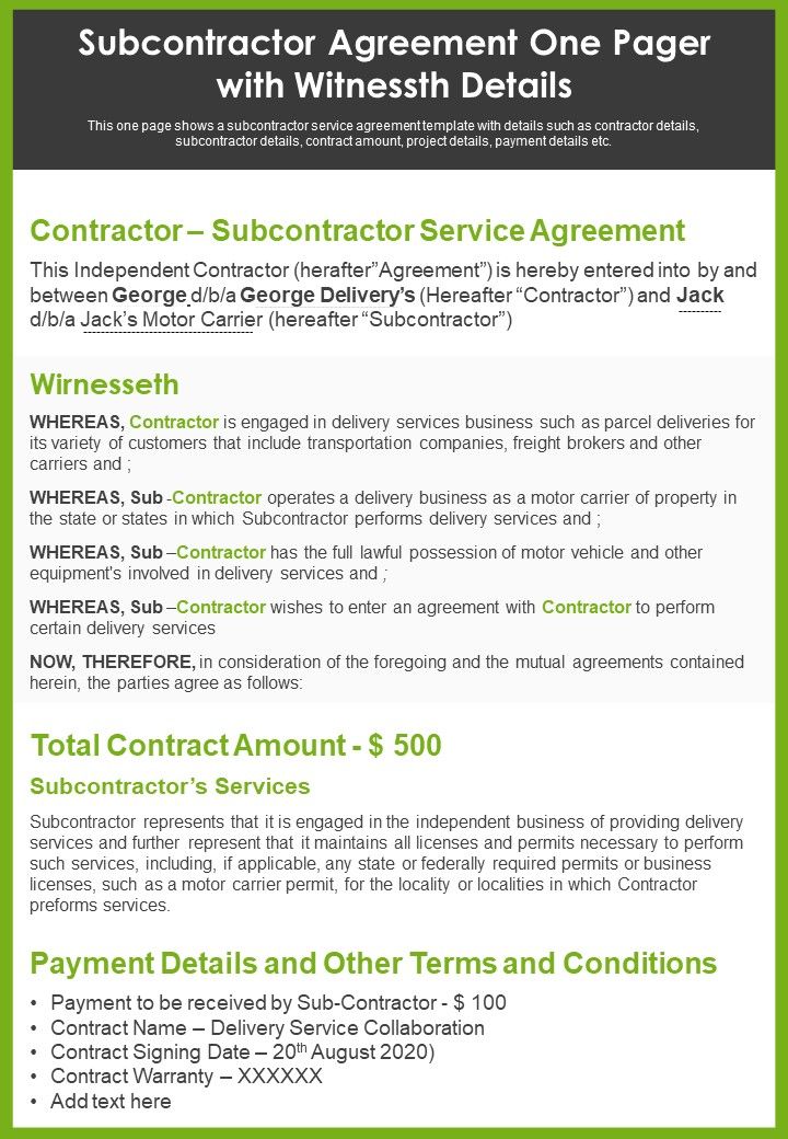 Subcontractor Agreement One Pager With Witnessth Details PDF Document PPT Template Slide01