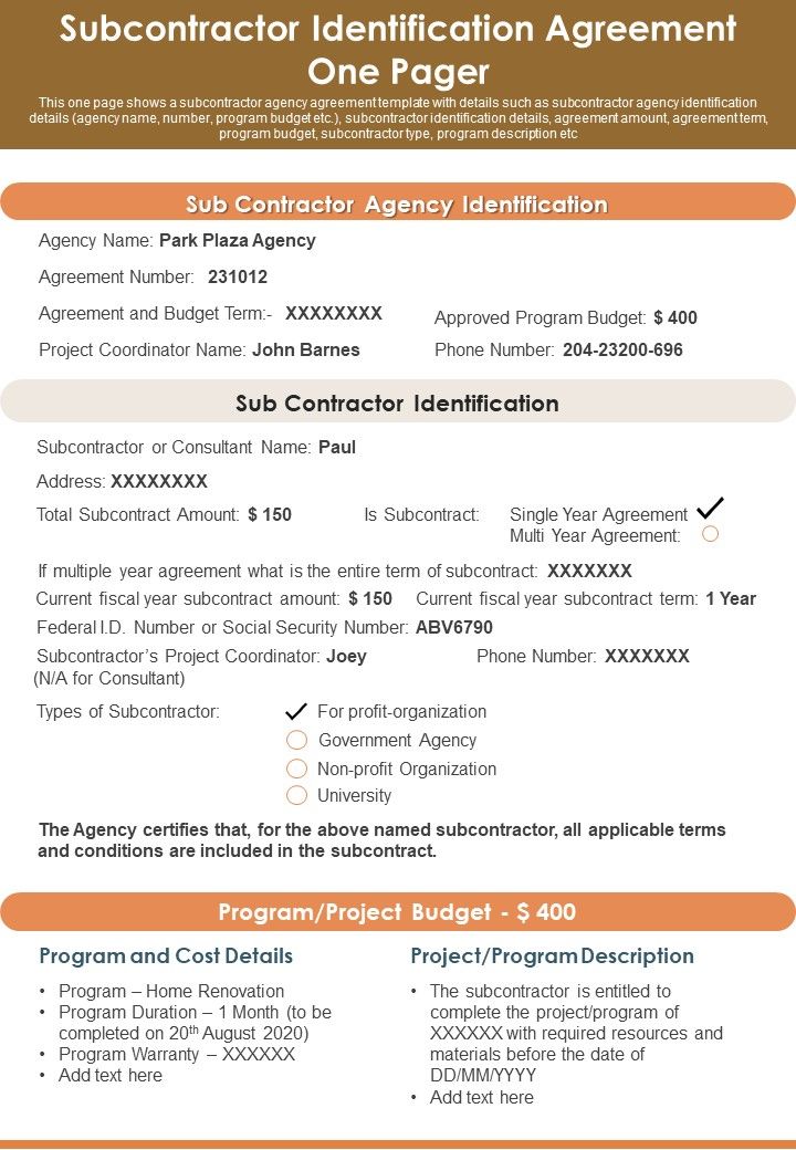 Subcontractor Identification Agreement One Pager PDF Document PPT Template Slide01