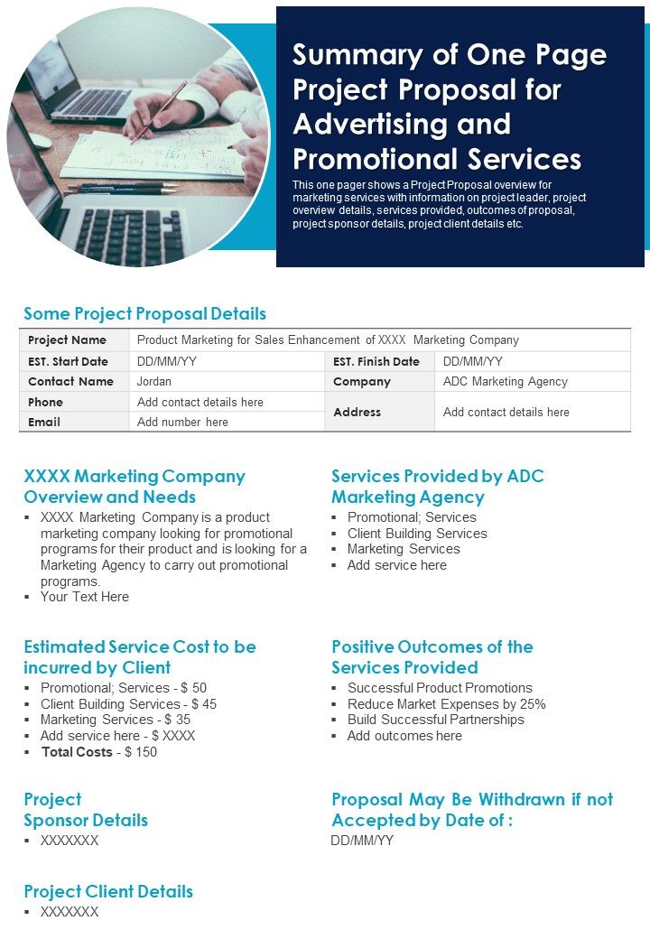 Summary_Of_One_Page_Project_Proposal_For_Advertising_And_Promotional_Services_PDF_Document_PPT_Template_Slide_1.jpg