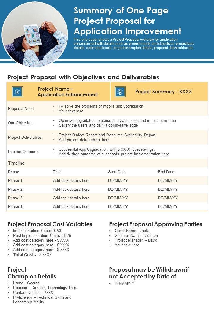 Summary Of One Page Project Proposal For Application Improvement PDF Document PPT Template Slide01