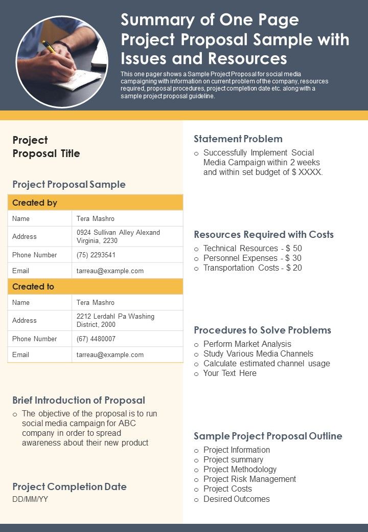 Summary Of One Page Project Proposal Sample With Issues And Resources PDF Document PPT Template Slide01