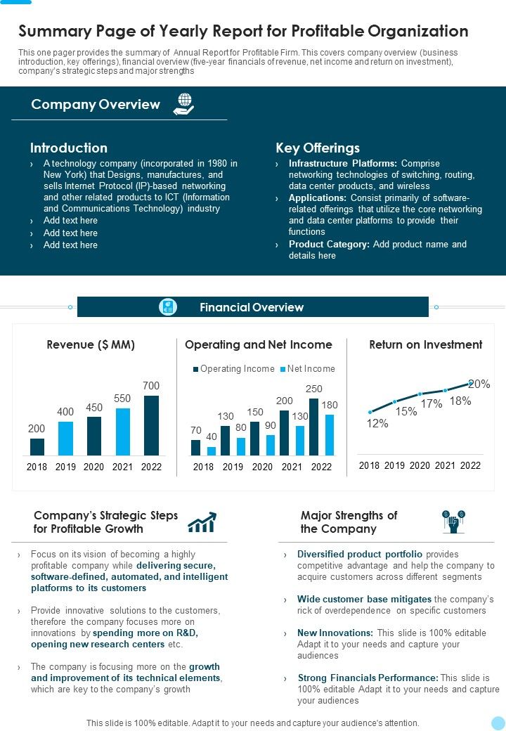 Summary Page Of Yearly Report For Profitable Organization One Pager Documents Slide01