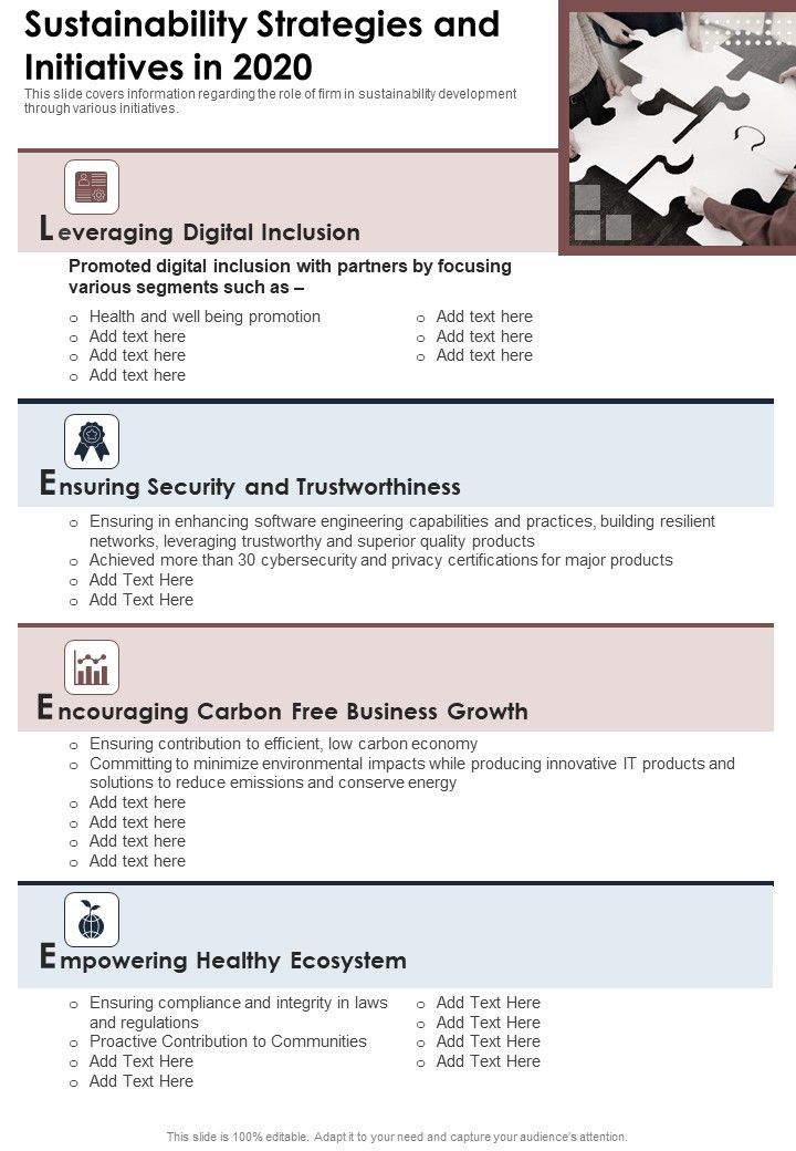 Sustainability Strategies And Initiatives In 2020 Template 8 One Pager Documents Slide01