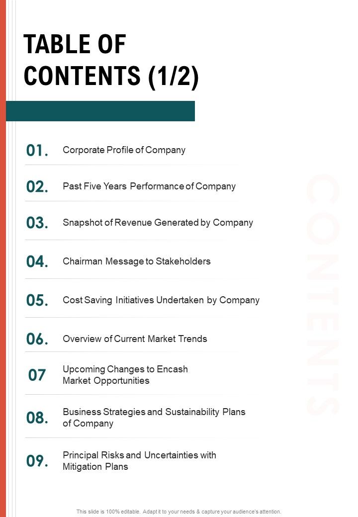 TABLE OF CONTENTS One Pager Documents Slide01