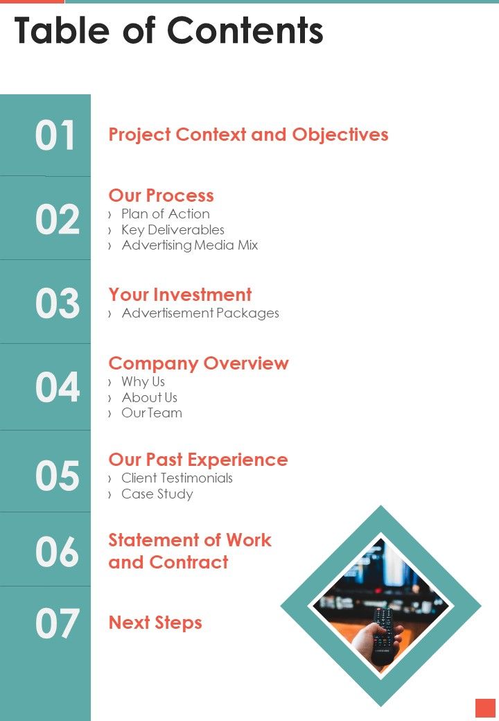 TV Promotion Proposal Table Of Contents One Pager Sample Example Document Slide01
