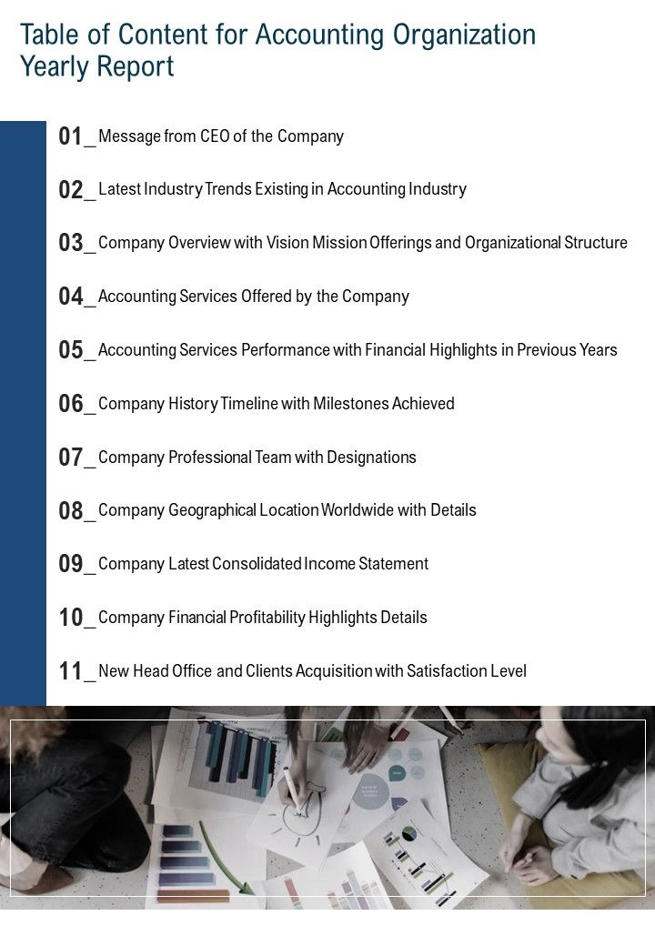 Table Of Content For Accounting Organization Yearly Report One Pager Documents Slide01