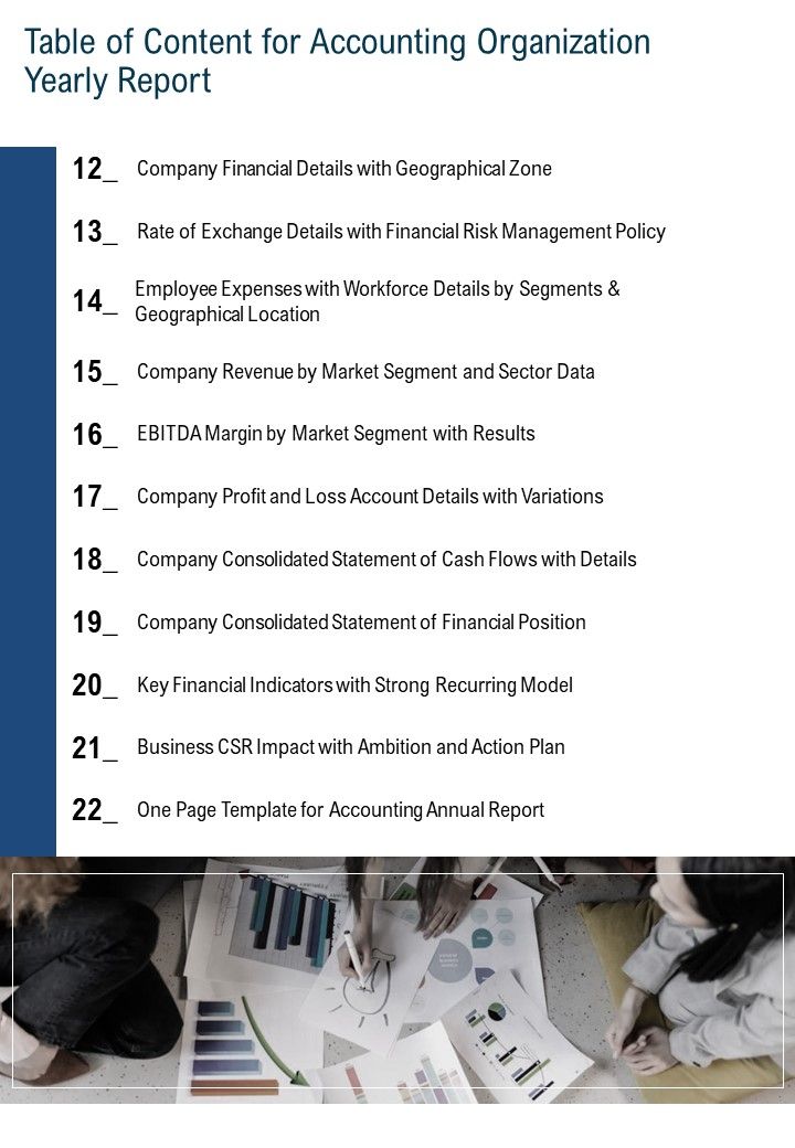 Table Of Content For Accounting Organization Yearly Report One Pager Documents