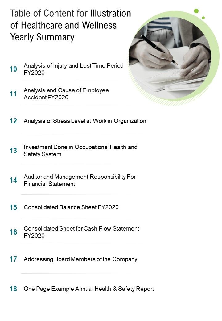 Table Of Content For Illustration Of Healthcare And Wellness Yearly Summary One Pager Documents