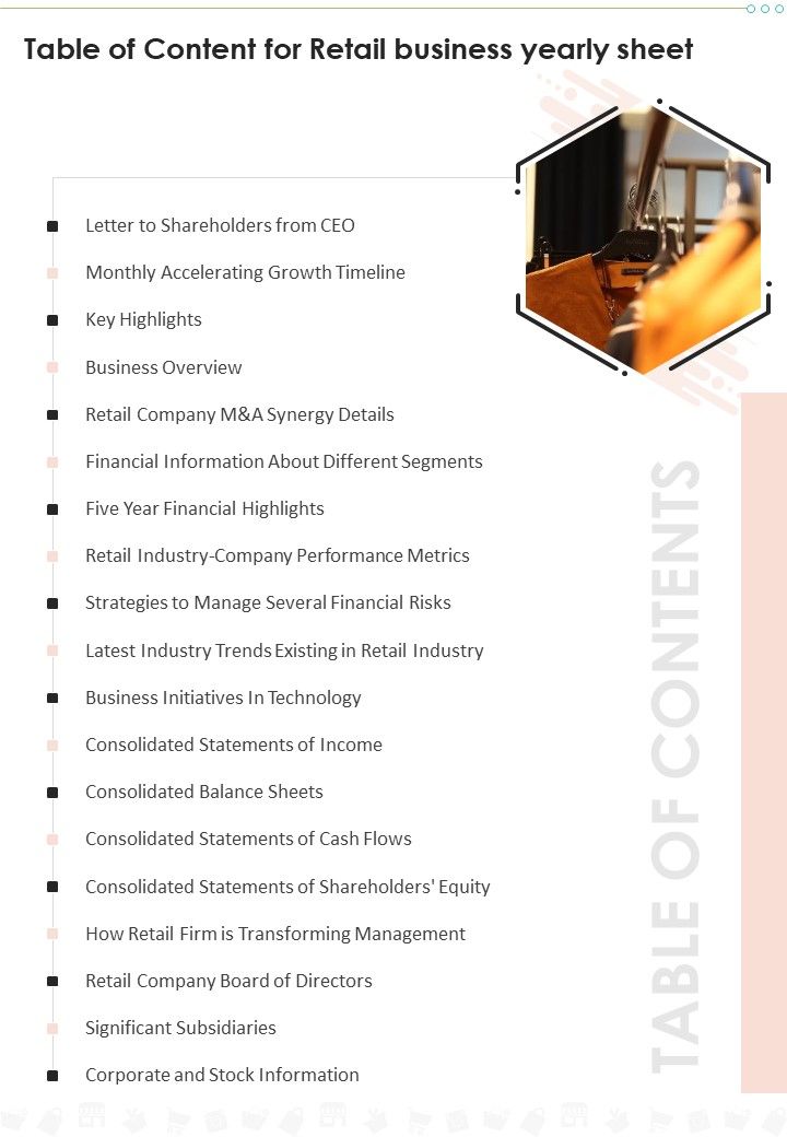 Table Of Content For Retail Business Yearly Sheet One Pager Documents Slide01