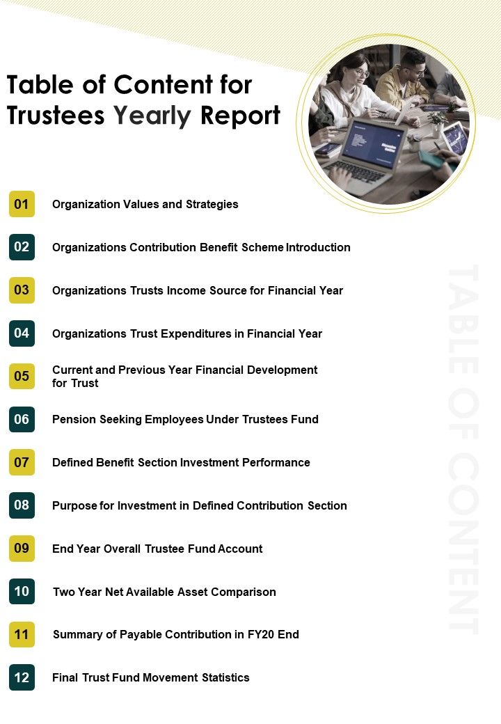 Table Of Content For Trustees Yearly Report One Pager Documents Slide01