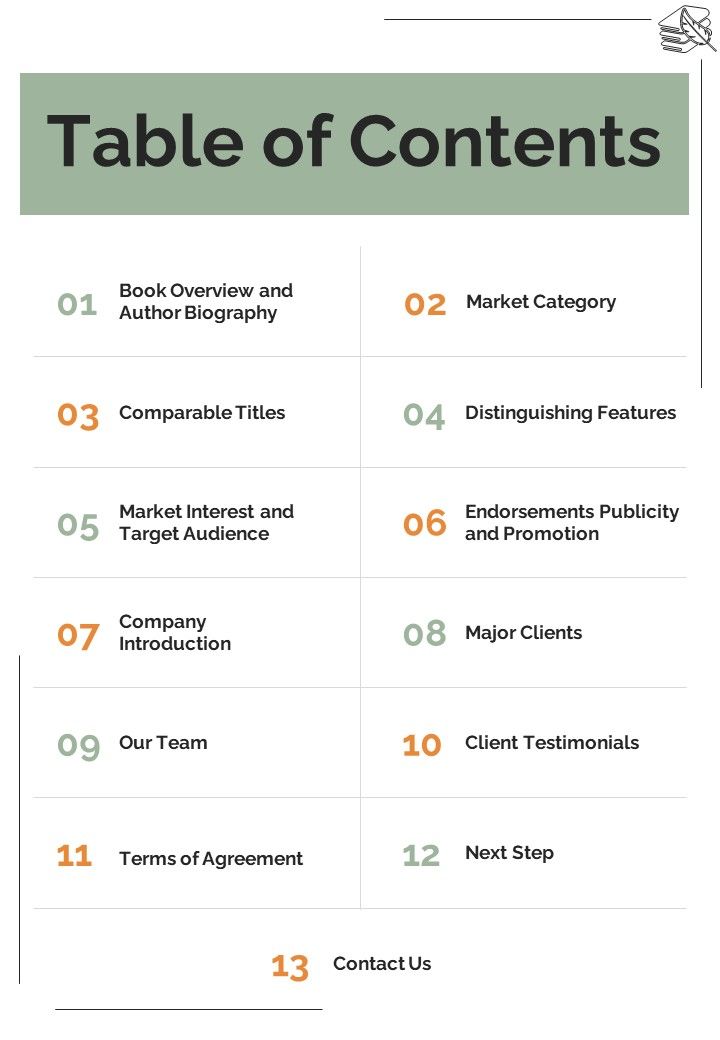 Table Of Contents Authors Manuscript Proposal Acceleration Program One Pager Sample Example Document Slide01