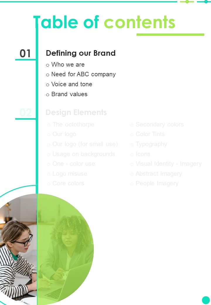 Table Of Contents Brand Guide One Pager Sample Example Document Slide01