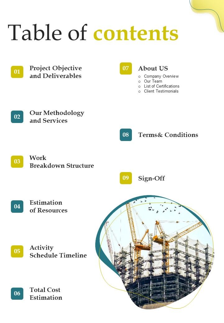 Table Of Contents Building Construction Project Administration Proposal One Pager Sample Example Document Slide01
