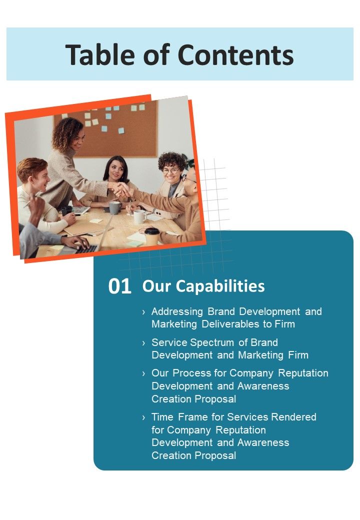 Table Of Contents Company Reputation Development And Awareness Creation One Pager Sample Example Document Slide01