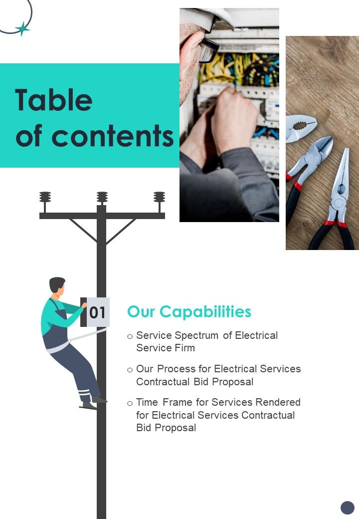 Table Of Contents Electrical Services Contractual Bid Proposal One Pager Sample Example Document Slide01