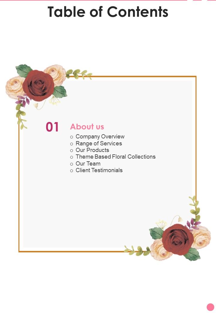 Table Of Contents Floral Decorations Service Proposal One Pager Sample Example Document Slide01