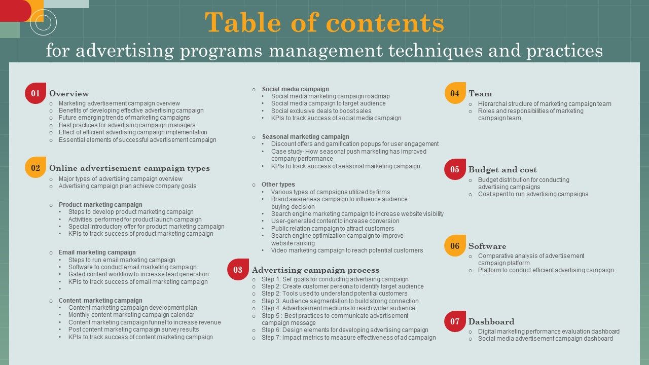 Table_Of_Contents_For_Advertising_Programs_Management_Techniques_And_Practices_Infographics_PDF_Slide_1.jpg
