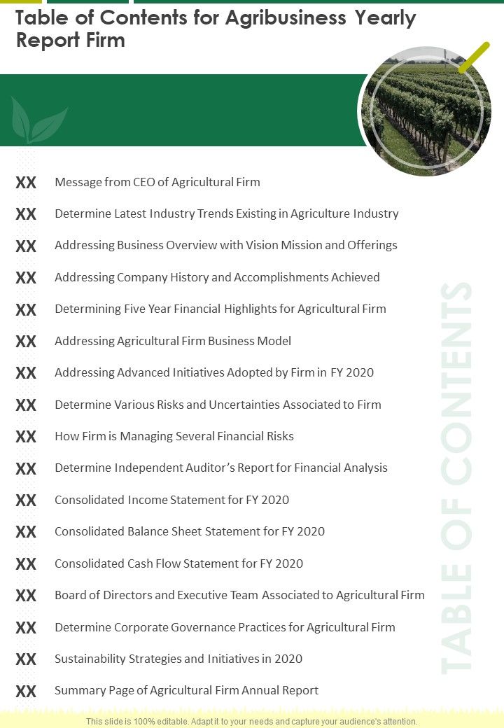 Table Of Contents For Agribusiness Yearly Report Firm One Pager Documents Slide01