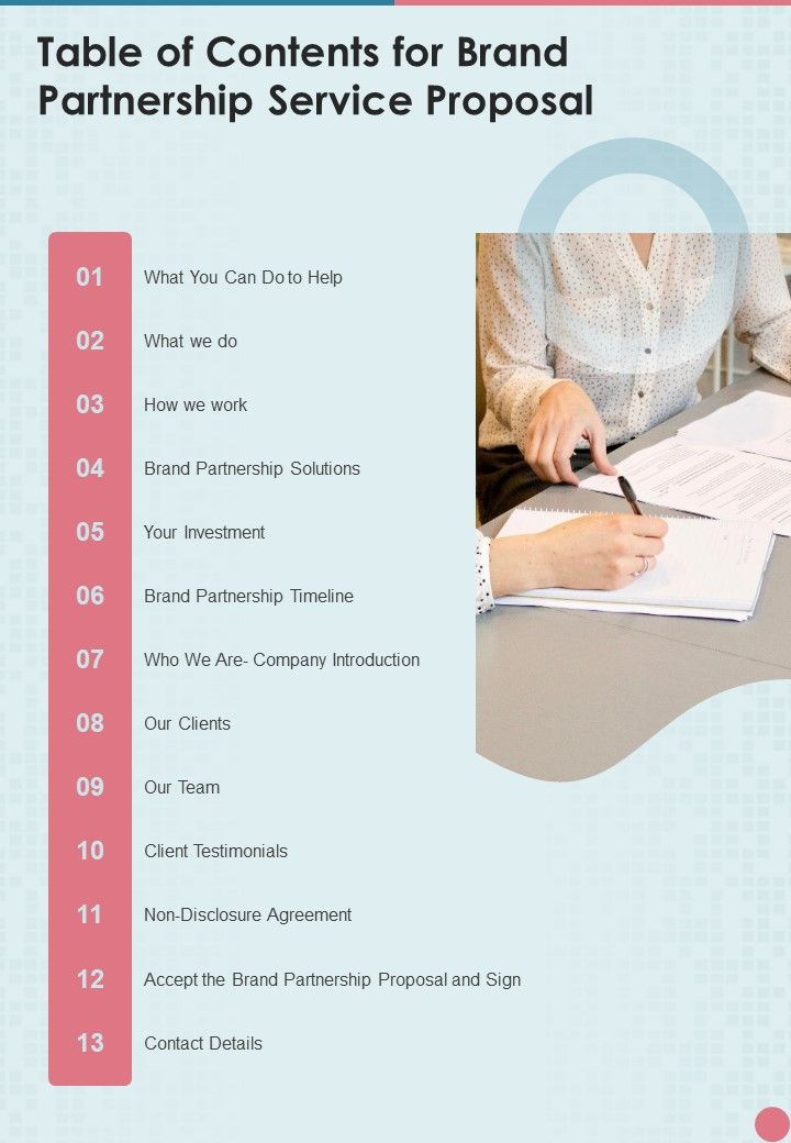 Table Of Contents For Brand Partnership Service Proposal One Pager Sample Example Document Slide01