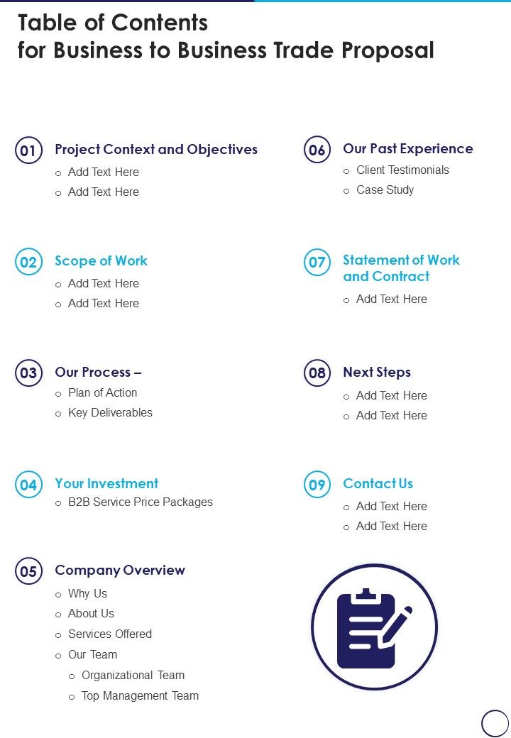 Table Of Contents For Business To Business Trade Proposal One Pager Sample Example Document Slide01