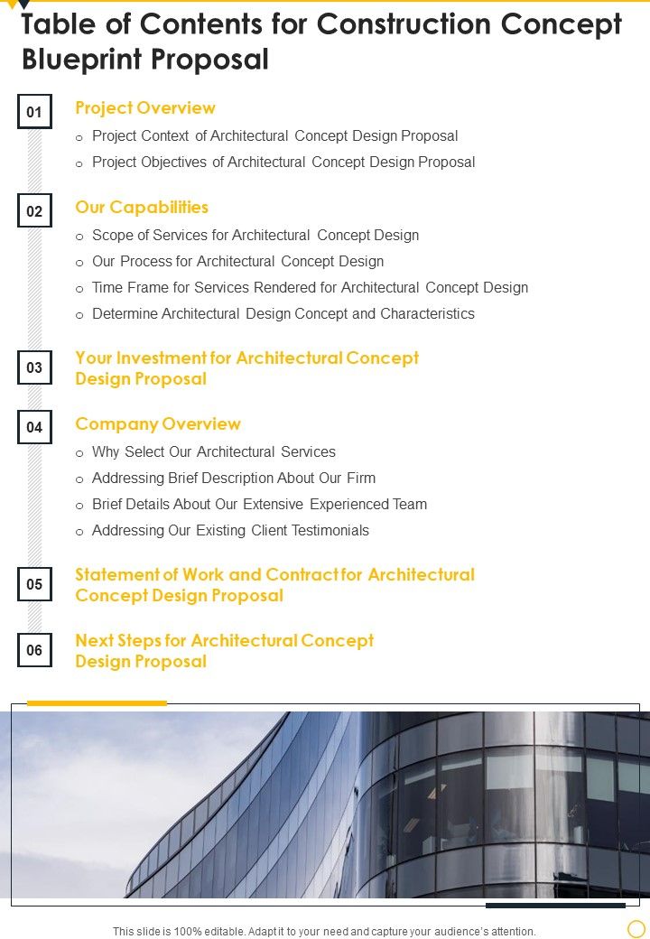 Table Of Contents For Construction Concept Blueprint Proposal One Pager Sample Example Document Slide01